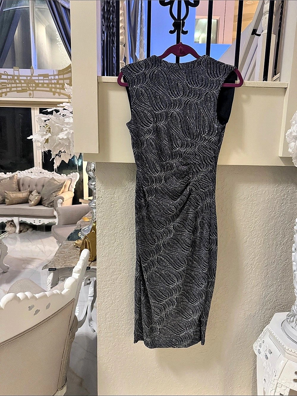 Anne Klein Metallic Swirl Sleeveless Midi Sheath Dress Black & Silver Size 2